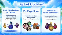 Big Pet Updates slide: Pet Expedition, Brilliant Potion of Charm and potion improvements