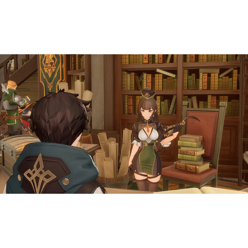 Receptionist NPC offering Adventure Level rewards at the gathering hub.
