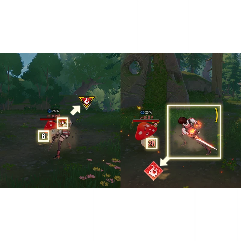 An attack landing against an enemy's elemental weakness, showing the damage modifier.